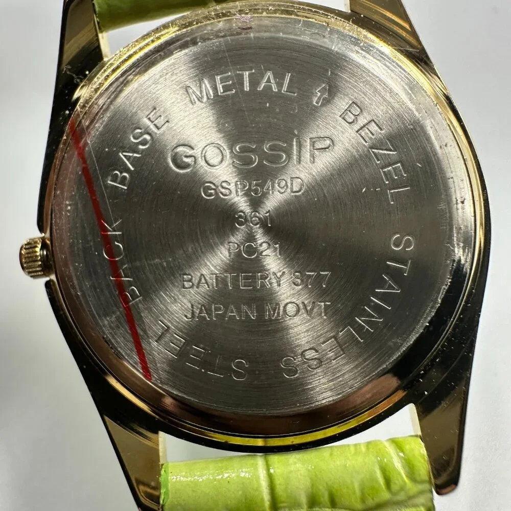 3/$30 Gossip Watch Women Gold Tone Green Leather Band New Battery 9 Inch